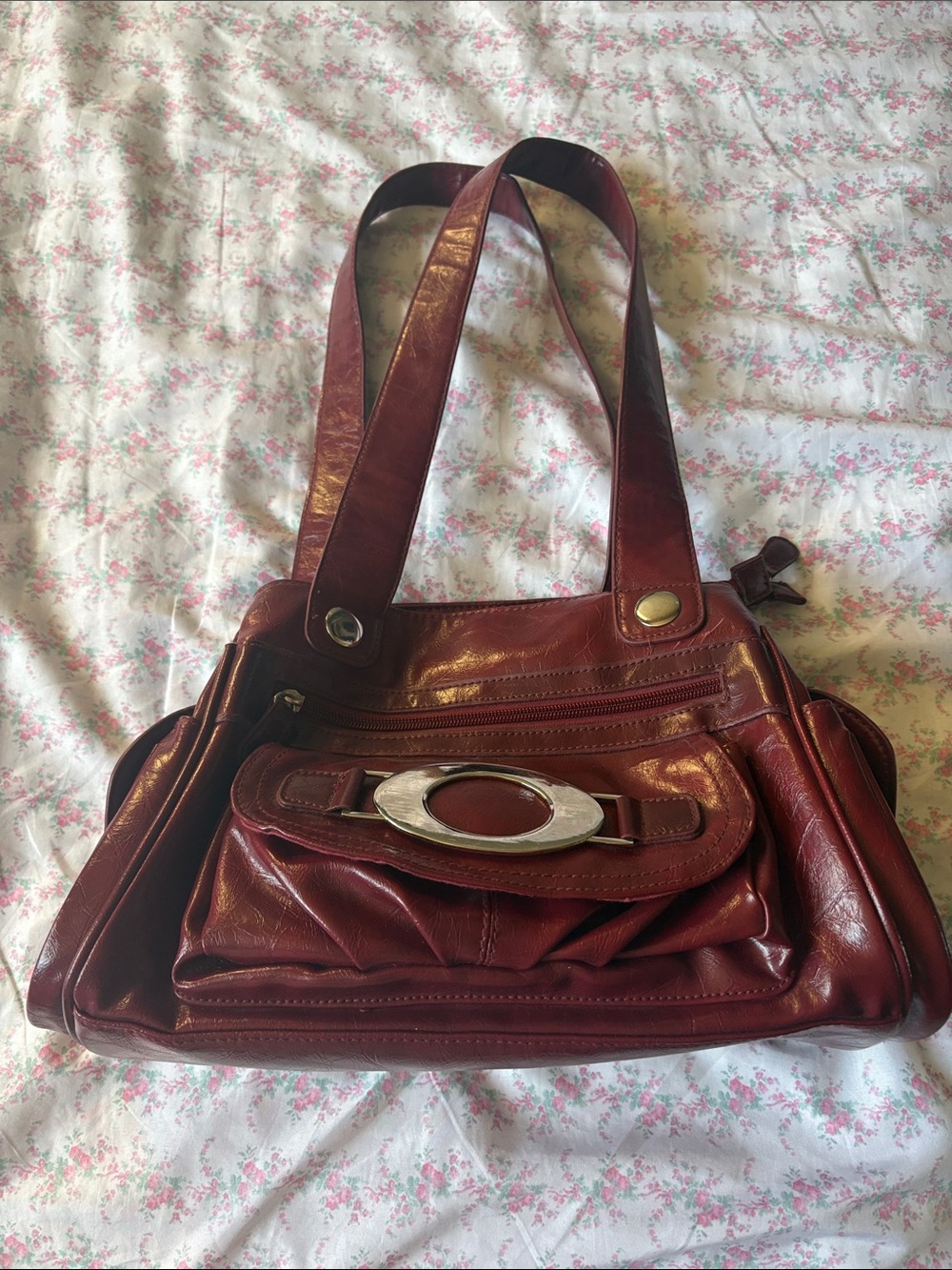 Women’s Red Leather Shoulder Bag with Silver Accent